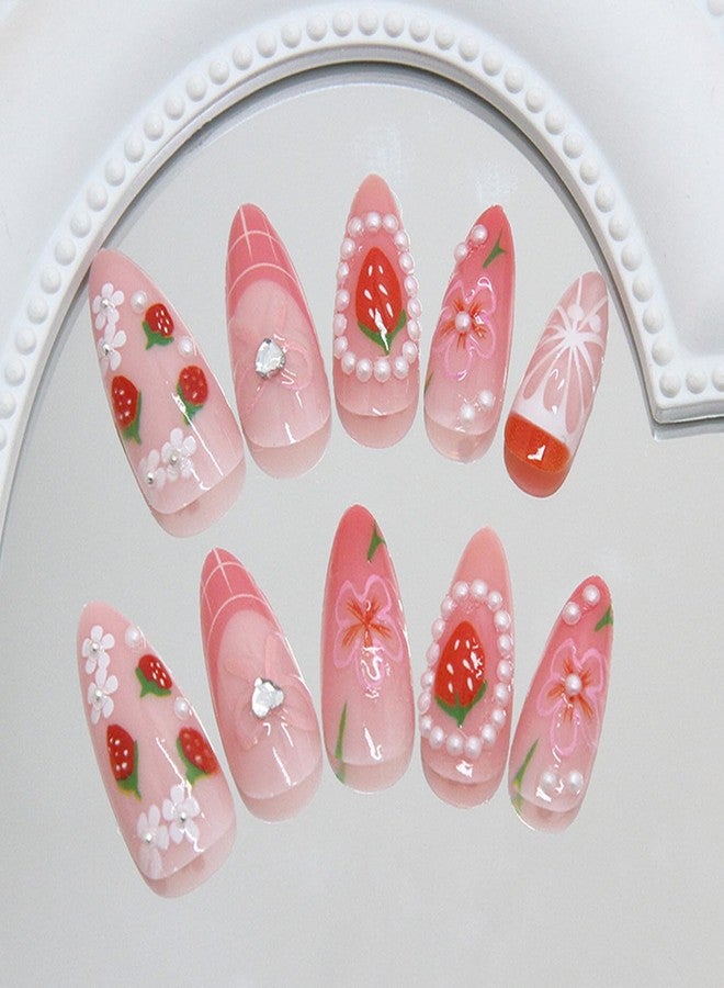 CJDLTS Flower Press on Nails Medium Almond Shaped Artificial Acrylic Nail French 3D Strawberry Floral Bow with Rhinestones Stick on Nails Full Cover Glue on Nail Artificial Fingernails for Women Manicure - Image 2